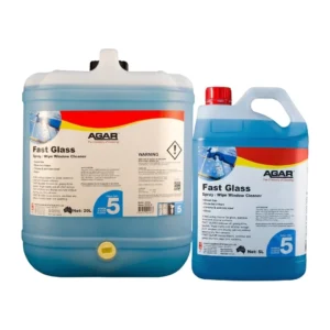 AGAR FAST GLASS Cleaner Professional Streak-Free Glass Cleaner for Commercial Cleaning AGAR FAST GLASS is designed for fast, efficient cleaning of glass and polished surfaces where appearance matters. Fingerprints, dust, grease, smudges, and airborne contaminants quickly reduce the clarity of windows, mirrors, display cabinets, and stainless steel fixtures in busy commercial environments. FAST GLASS rapidly dissolves these contaminants while drying cleanly to leave a clear, streak-free finish. Its professional formulation makes it suitable for routine maintenance in offices, retail stores, hospitality venues, schools, healthcare facilities, and industrial buildings. What This Product Does Removes grease, fingerprints, dirt, and oily residues from glass, mirrors, and polished surfaces while leaving a streak-free finish. Available Variants AGAR FAST GLASS 5L Suitable For Cafés Small offices Retail stores Restaurants Commercial buildings Best For Routine maintenance cleaning Medium-volume cleaning Regular facility maintenance Key Benefits Easy to handle Ideal refill size Suitable for daily commercial cleaning Professional streak-free performance AGAR FAST GLASS 20L Suitable For Cleaning contractors Facility managers Large commercial sites Industrial buildings Janitorial services Best For Bulk cleaning operations High-volume maintenance Commercial cleaning contracts Key Benefits Lower cost per litre Ideal for large facilities Suitable for continuous cleaning programs Economical bulk packaging Specifications Feature 5L 20L Size 5 Litres 20 Litres Best For Medium Facilities Large Commercial Facilities Typical Users Offices & Cafés Contractors & Facility Managers Usage Routine Maintenance Bulk Commercial Cleaning Suitable For Windows Mirrors Glass doors Display cabinets Stainless steel Glass partitions Polished hard surfaces Best For Glass cleaning Mirror cleaning Stainless steel cleaning Window cleaning Routine commercial maintenance Streak-free finishing Key Benefits Fast-drying formulation Streak-free finish Removes grease and fingerprints Suitable for stainless steel Professional-grade cleaner Available in 5L and 20L Ideal for commercial facilities Excellent visual clarity Safety Precautions Wear protective gloves and eyewear when using large volumes or in confined spaces. Avoid inhaling mist or spray; use in well-ventilated areas. Keep away from children and food preparation areas. In case of eye contact, rinse immediately with clean water and seek medical advice if irritation persists. Refer to the Safety Data Sheet (SDS) for full handling instructions. Storage Guidelines Store in a cool, dry place away from direct sunlight and heat sources. Keep the container tightly closed when not in use. Do not store near oxidising agents or acids. Ideal storage temperature: 5°C – 30°C. AGAR FAST GLASS Cleaner Professional Streak-Free Glass Cleaner for Commercial Cleaning AGAR FAST GLASS is designed for fast, efficient cleaning of glass and polished surfaces where appearance matters. Fingerprints, dust, grease, smudges, and airborne contaminants quickly reduce the clarity of windows, mirrors, display cabinets, and stainless steel fixtures in busy commercial environments. FAST GLASS rapidly dissolves these contaminants while drying cleanly to leave a clear, streak-free finish. Its professional formulation makes it suitable for routine maintenance in offices, retail stores, hospitality venues, schools, healthcare facilities, and industrial buildings. What This Product Does Removes grease, fingerprints, dirt, and oily residues from glass, mirrors, and polished surfaces while leaving a streak-free finish. Available Variants AGAR FAST GLASS 5L Suitable For Cafés Small offices Retail stores Restaurants Commercial buildings Best For Routine maintenance cleaning Medium-volume cleaning Regular facility maintenance Key Benefits Easy to handle Ideal refill size Suitable for daily commercial cleaning Professional streak-free performance AGAR FAST GLASS 20L Suitable For Cleaning contractors Facility managers Large commercial sites Industrial buildings Janitorial services Best For Bulk cleaning operations High-volume maintenance Commercial cleaning contracts Key Benefits Lower cost per litre Ideal for large facilities Suitable for continuous cleaning programs Economical bulk packaging Specifications Feature 5L 20L Size 5 Litres 20 Litres Best For Medium Facilities Large Commercial Facilities Typical Users Offices & Cafés Contractors & Facility Managers Usage Routine Maintenance Bulk Commercial Cleaning Suitable For Windows Mirrors Glass doors Display cabinets Stainless steel Glass partitions Polished hard surfaces Best For Glass cleaning Mirror cleaning Stainless steel cleaning Window cleaning Routine commercial maintenance Streak-free finishing Key Benefits Fast-drying formulation Streak-free finish Removes grease and fingerprints Suitable for stainless steel Professional-grade cleaner Available in 5L and 20L Ideal for commercial facilities Excellent visual clarity Safety Precautions Wear protective gloves and eyewear when using large volumes or in confined spaces. Avoid inhaling mist or spray; use in well-ventilated areas. Keep away from children and food preparation areas. In case of eye contact, rinse immediately with clean water and seek medical advice if irritation persists. Refer to the Safety Data Sheet (SDS) for full handling instructions. Storage Guidelines Store in a cool, dry place away from direct sunlight and heat sources. Keep the container tightly closed when not in use. Do not store near oxidising agents or acids. Ideal storage temperature: 5°C – 30°C.
