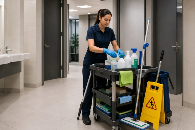 Professional cleaner working with commercial cleaning supplies