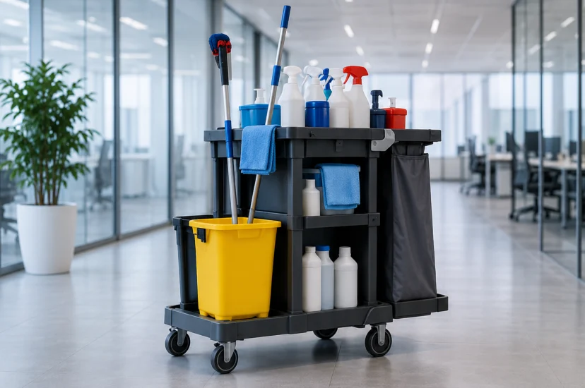 Commercial cleaning trolley and supplies